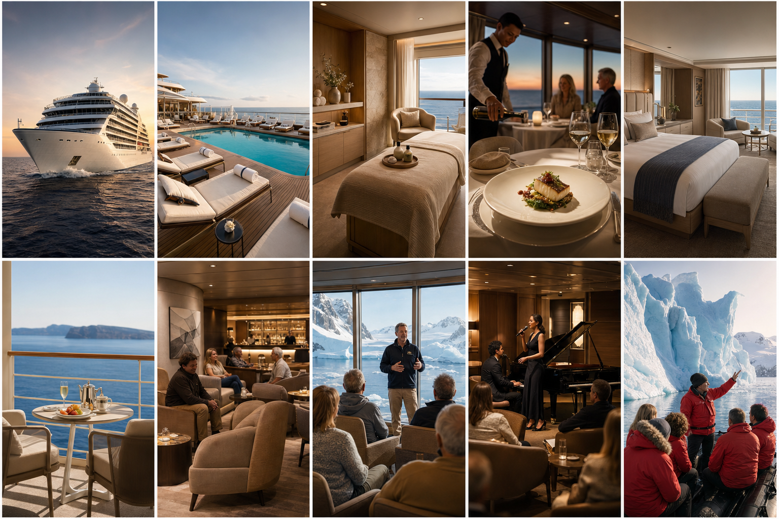 Seabourn luxury cruise inspiration featuring ships, pool deck, wellness, dining, suites, lounges, entertainment, and expedition experiences