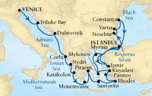 HONEYMOON Seabourn Odyssey Cruise Map Detail Venice, Italy to Istanbul, Turkey August 29 September 19 2022 - 21 Days - Voyage 4553B