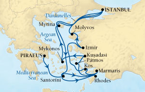 Luxury World Cruise SHIP BIDS - Seabourn Odyssey CRUISE SHIP Map Detail Istanbul, Turkey to Piraeus (Athens), Greece August 8-22 2025 - 14 Days - Voyage 4547A