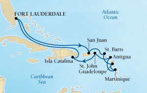 HONEYMOON Seabourn Odyssey Cruise Map Detail Fort Lauderdale, Florida, US to Fort Lauderdale, Florida, US December 3-15 2022 - 12 Days - Voyage 4569