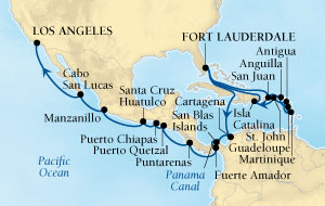 Luxury World Cruise SHIP BIDS - Seabourn Odyssey CRUISE SHIP Map Detail Fort Lauderdale, Florida, US to Los Angeles, California, US December 3 2025 January 4 2025  - 32 Days - Voyage 4569A