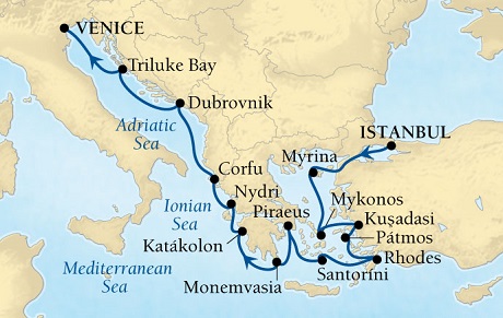 Luxury World Cruise SHIP BIDS - Seabourn Odyssey CRUISE SHIP Map Detail Istanbul, Turkey to Venice, Italy September 19 October 3 2025 - 14 Days - Voyage 4556A