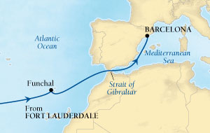 Luxury World Cruise SHIP BIDS - Seabourn Odyssey CRUISE SHIP Map Detail Fort Lauderdale, Florida, US to Barcelona, Spain April 10-24 2025 - 14 Days - Voyage 4620