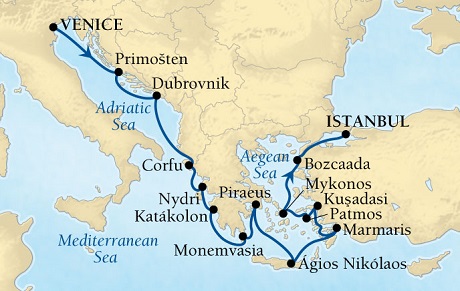 Cruise Single-Solo Balconies and Suites Seabourn Odyssey Cruise Map Detail Venice, Italy to Istanbul, Turkey August 13-27 2025 - 14 Nights - Voyage 4646A