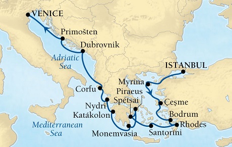 Luxury World Cruise SHIP BIDS - Seabourn Odyssey CRUISE SHIP Map Detail Istanbul, Turkey to Venice, Italy 2025 - 14 Days - Voyage 4651A