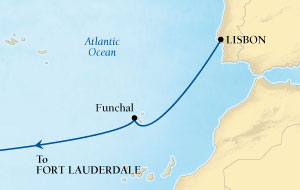 Luxury World Cruise SHIP BIDS - Seabourn Odyssey CRUISE SHIP Map Detail Lisbon, Portugal to Fort Lauderdale, Florida, US December 7-19 2025 - 12 Days - Voyage 4676