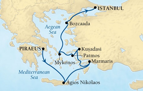 LUXURY CRUISES FOR LESS Seabourn Odyssey Cruise Map Detail Piraeus (Athens), Greece to Istanbul, Turkey July 23-30 2025 - 7 Days - Voyage 4643