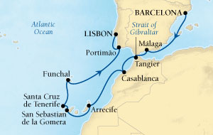 Luxury World Cruise SHIP BIDS - Seabourn Odyssey CRUISE SHIP Map Detail Barcelona, Spain to Lisbon, Portugal November 23 December 7 2025 - 14 Days - Voyage 4675