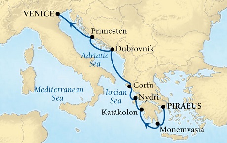Deluxe Honeymoon Cruises Seabourn Odyssey Cruise Map Detail Piraeus (Athens), Greece to Venice, Italy October 1-8 2026 - 7 Days - Voyage 4659