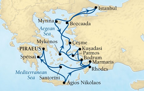 Deluxe Honeymoon Cruises Seabourn Odyssey Cruise Map Detail Piraeus (Athens), Greece to Piraeus (Athens), Greece October 15-29 2026 - 14 Days - Voyage 4664A