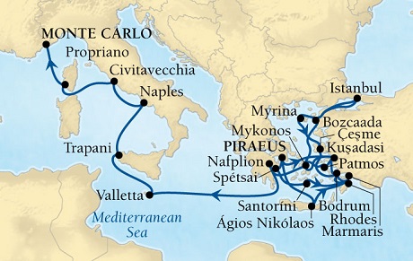 Luxury World Cruise SHIP BIDS - Seabourn Odyssey CRUISE SHIP Map Detail Piraeus (Athens), Greece to Monte Carlo, Monaco October 15 November 8 2025 - 24 Days - Voyage 4664B
