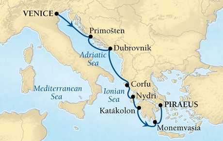 Cruise Single-Solo Balconies and Suites Seabourn Odyssey Cruise Map Detail Venice, Italy to Piraeus (Athens), Greece October 8-15 2025 - 7 Nights - Voyage 4660