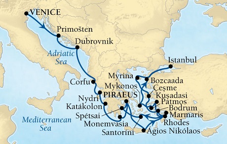 LUXURY CRUISES FOR LESS Seabourn Odyssey Cruise Map Detail Venice, Italy to Piraeus (Athens), Greece October 8-29 2025 - 21 Days - Voyage 4660B