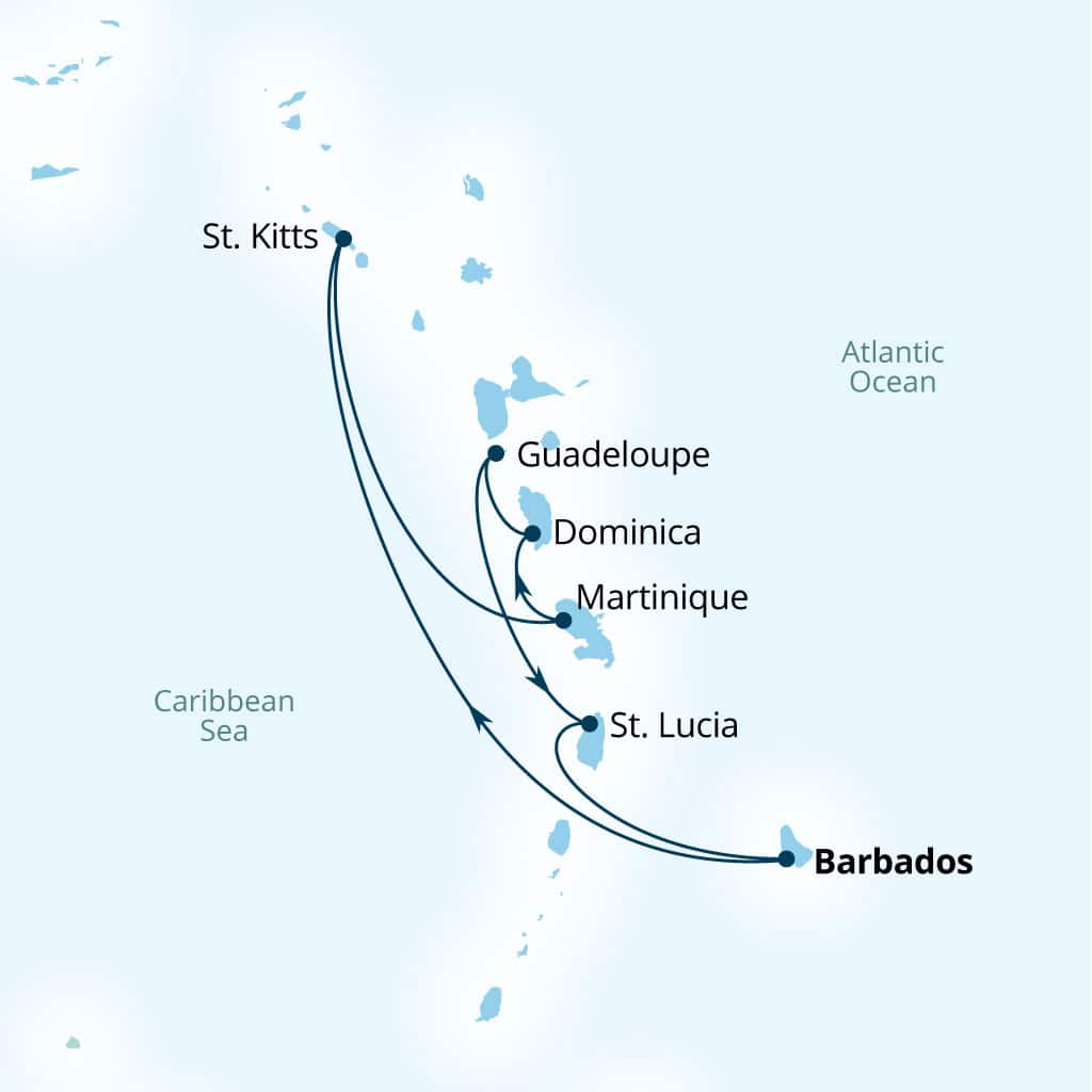 Seabourn Ovation 7-day Bridgetown, Barbados to Bridgetown, Barbados itinerary map, February 6-13 2027