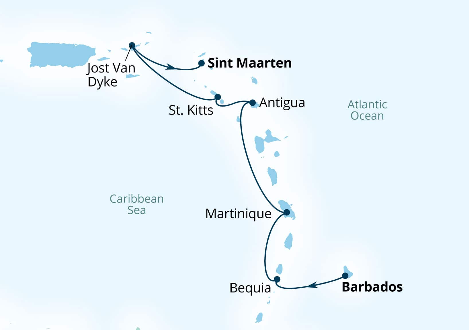Seabourn Ovation 7-day Bridgetown, Barbados to Philipsburg, Sint Maarten itinerary map, December 9-16 2028