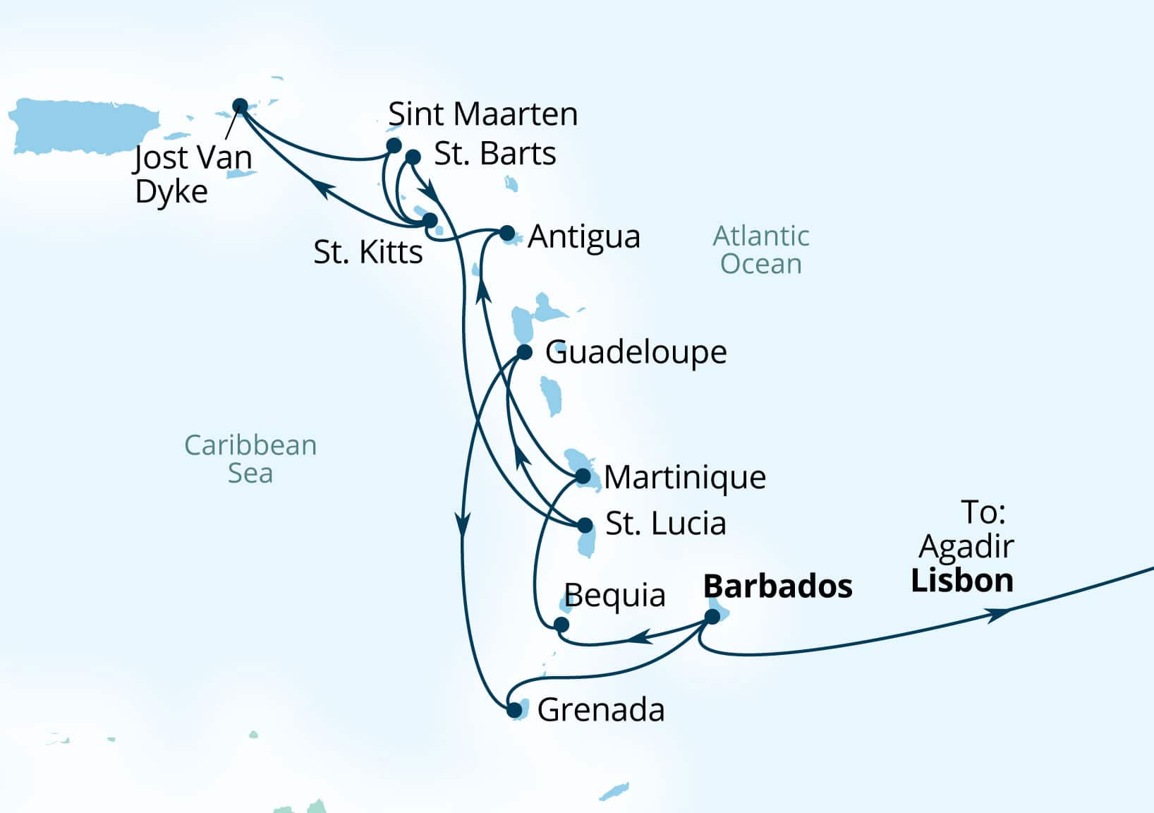 Seabourn Ovation 26-day Bridgetown, Barbados to Lisbon, Portugal itinerary map, March 10-April 5 2029