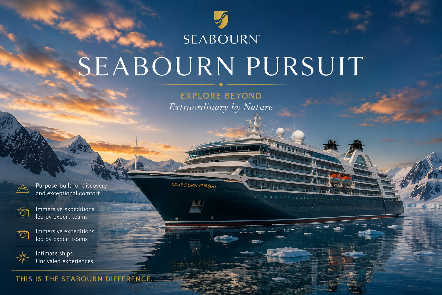 Seabourn Pursuit luxury expedition cruise ship with Deluxe Cruises