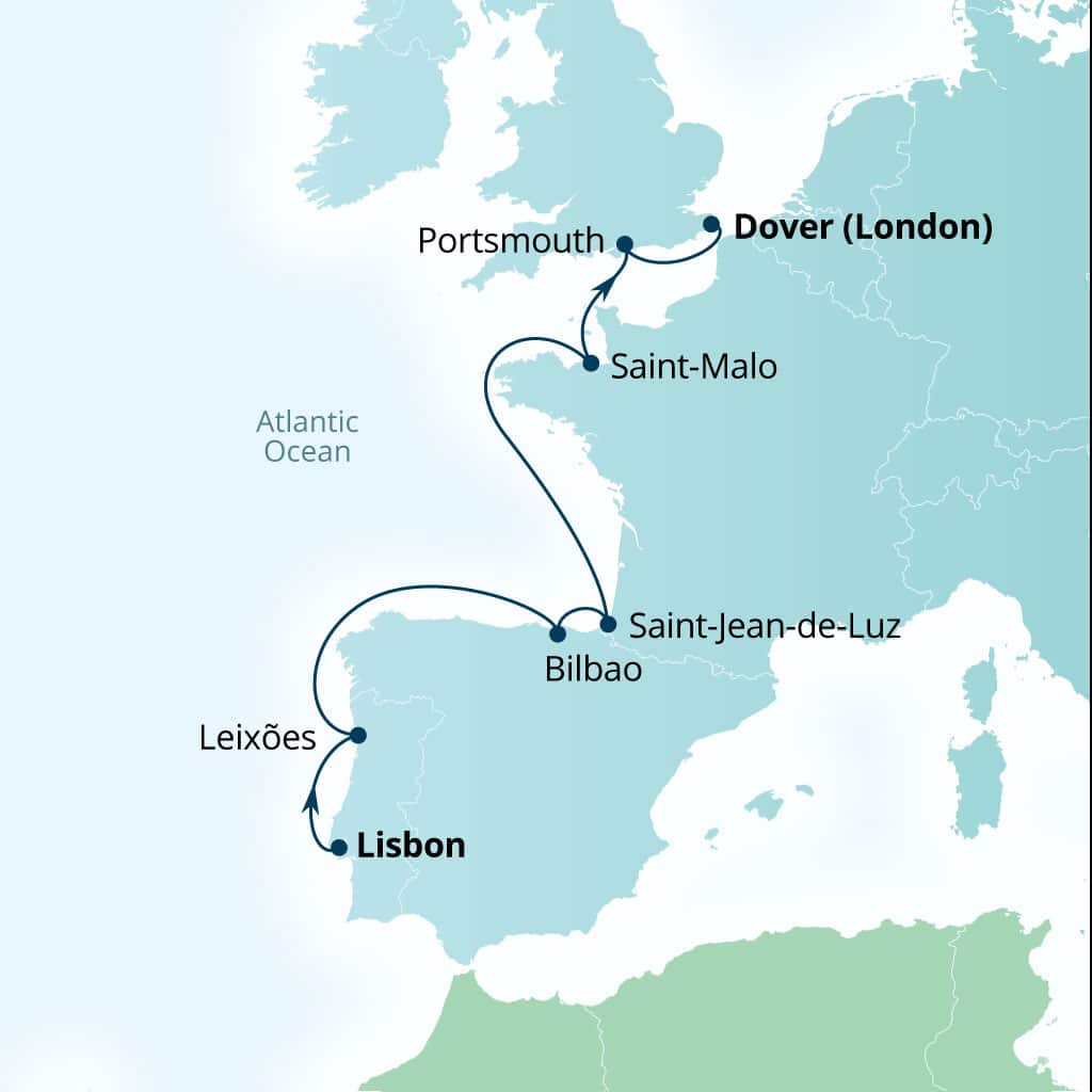 Seabourn Quest 8-day Lisbon, Portugal to Dover (London), England, UK itinerary map, June 11-19 2027