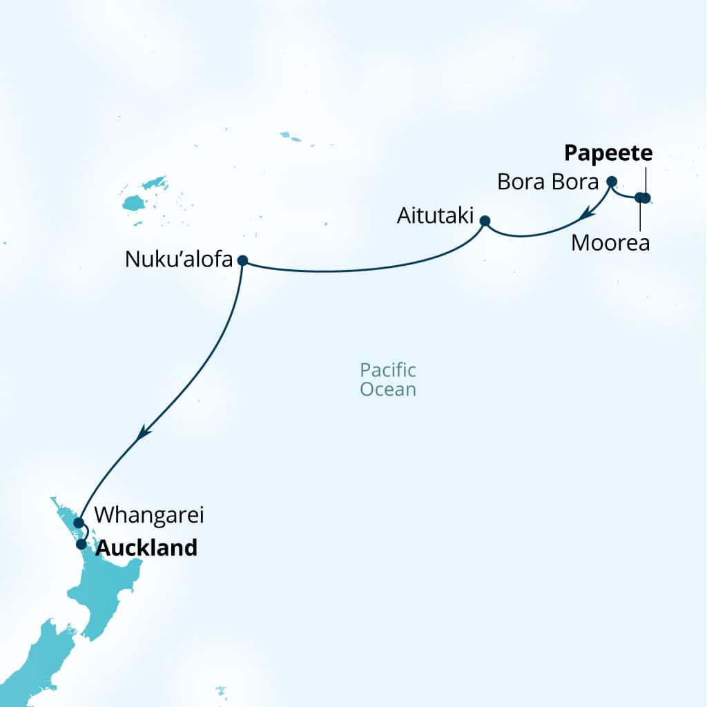 Seabourn Quest 12-day Papeete, French Polynesia to Auckland, New Zealand itinerary map, February 9-22 2027