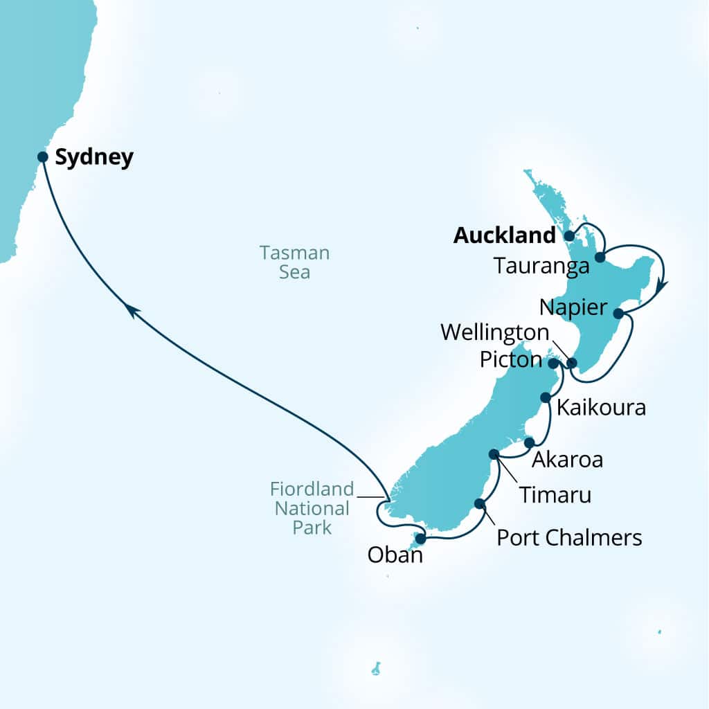 Seabourn Quest 15-day Auckland, New Zealand to Sydney, Australia itinerary map, February 22-March 9 2027