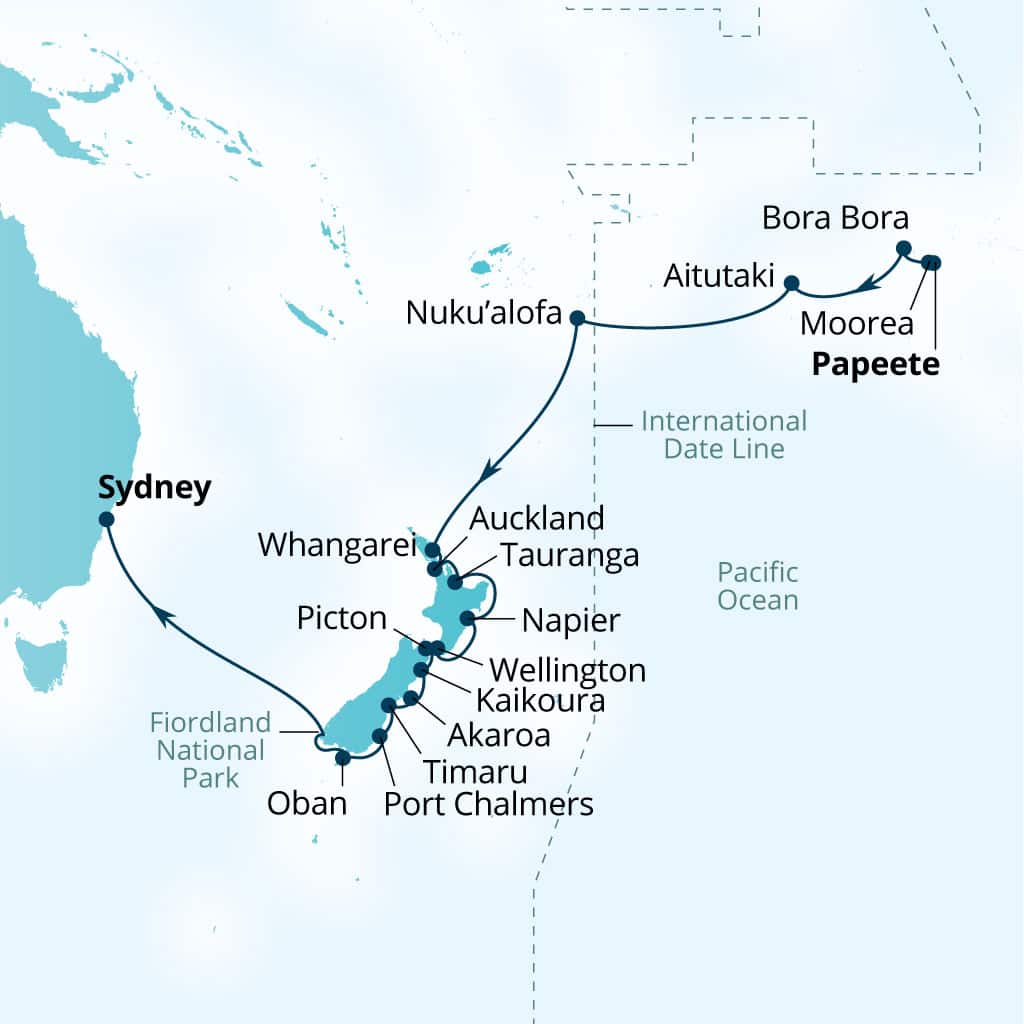 Seabourn Quest 27-day Papeete, French Polynesia to Sydney, Australia itinerary map, February 9-March 9 2027
