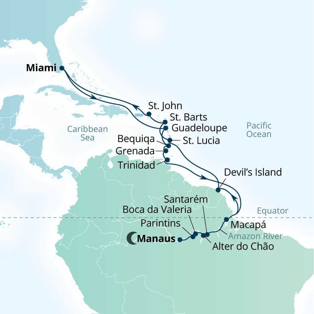Seabourn Quest 30-day Miami, Florida, US to Miami, Florida, US itinerary map, November 18-December 18 2028