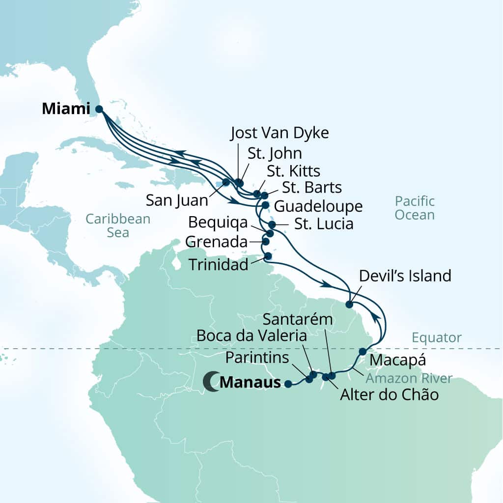 Seabourn Quest 38-day Miami, Florida, US to Miami, Florida, US itinerary map, November 10-December 18 2028
