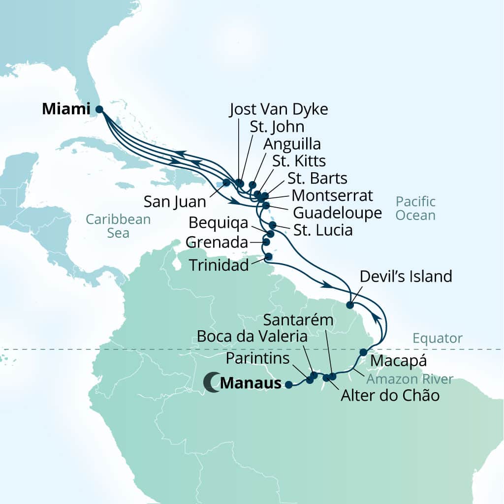 Seabourn Quest 40-day Miami, Florida, US to Miami, Florida, US itinerary map, November 18-December 28 2028