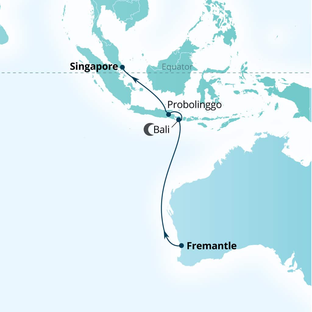 Seabourn Quest 11-day Fremantle (Perth), Australia to Singapore itinerary map, March 20-31 2029