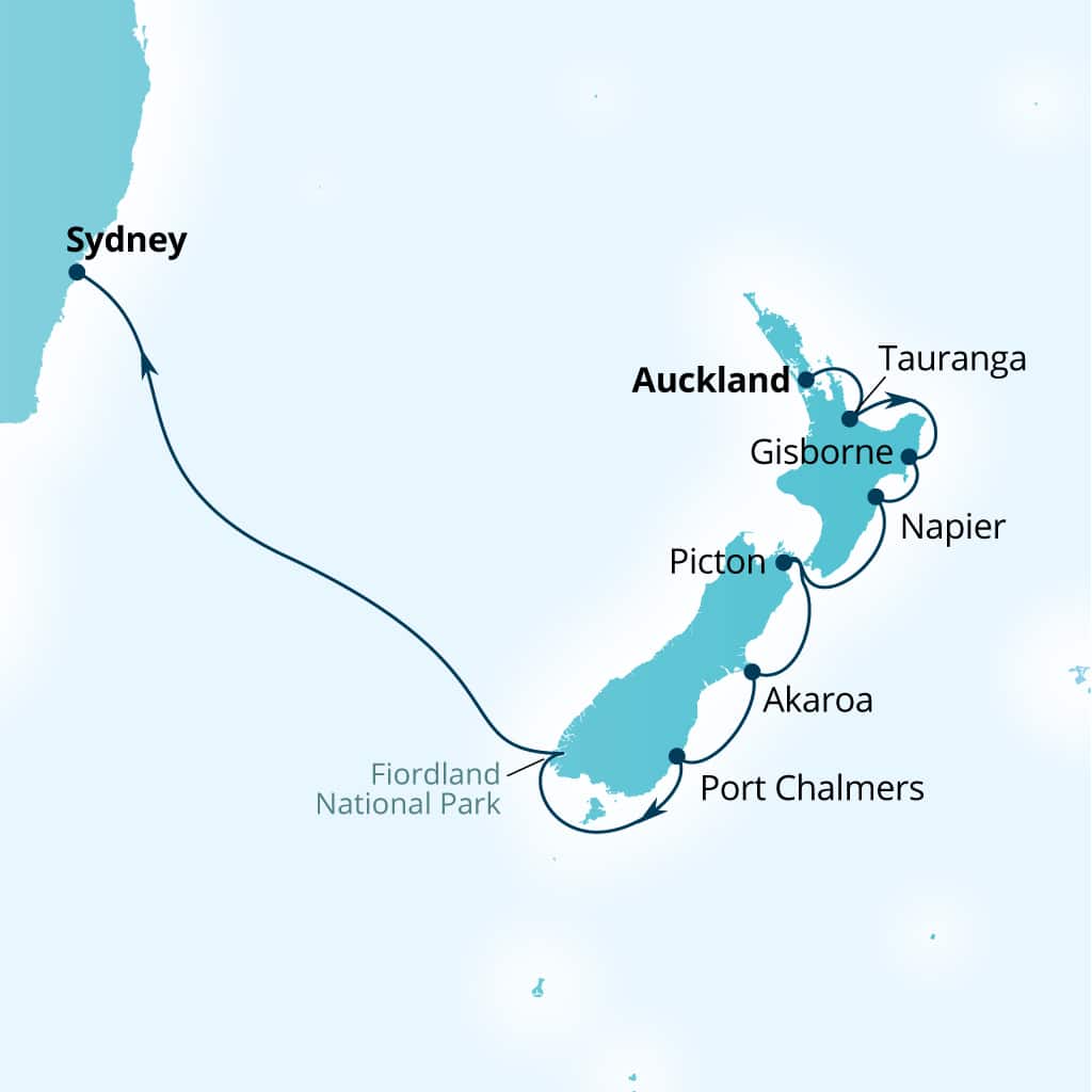 Seabourn Quest 12-day Auckland, New Zealand to Sydney, Australia itinerary map, February 23-March 7 2029