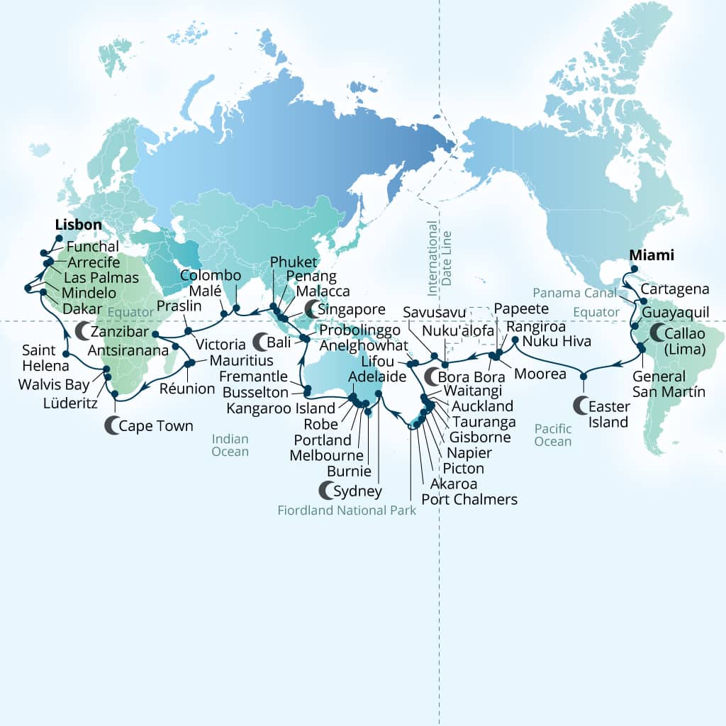 Seabourn Quest 138-day Miami, Florida, US to Lisbon, Portugal itinerary map, January 7-May 26 2029