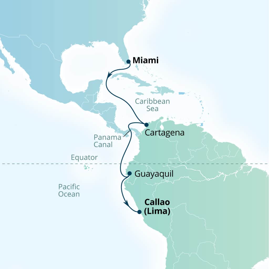Seabourn Quest 13-day Miami, Florida, US to Callao (Lima), Peru itinerary map, January 7-20 2029
