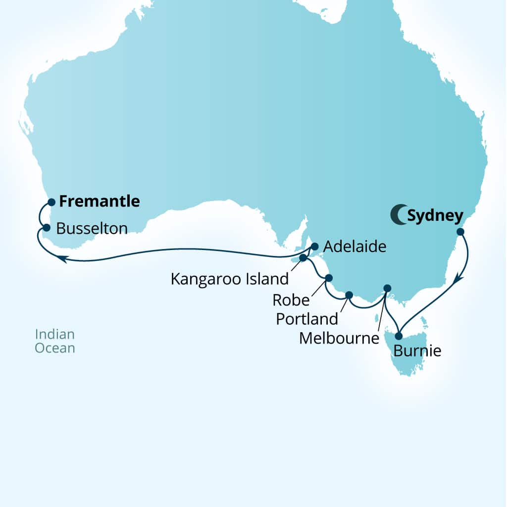 Seabourn Quest 13-day Sydney, Australia to Fremantle (Perth), Australia itinerary map, March 7-20 2029