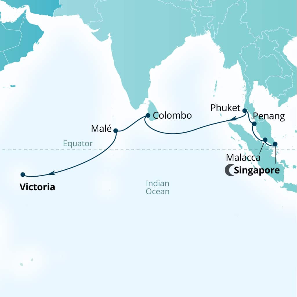 Seabourn Quest 13-day Singapore to Victoria, Mahe, Seychelles itinerary map, March 31-April 13 2029