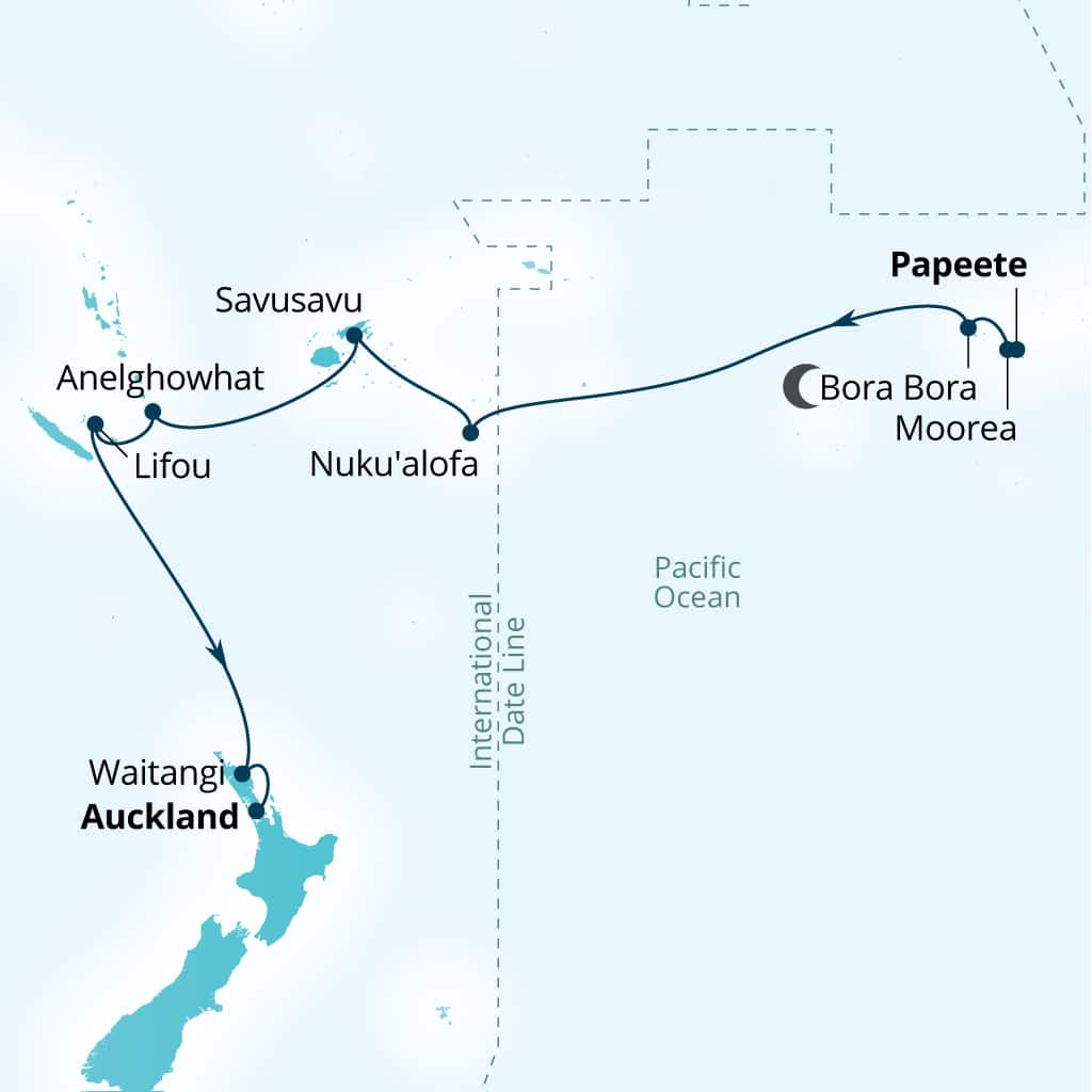 Seabourn Quest 16-day Papeete, French Polynesia to Auckland, New Zealand itinerary map, February 6-23 2029