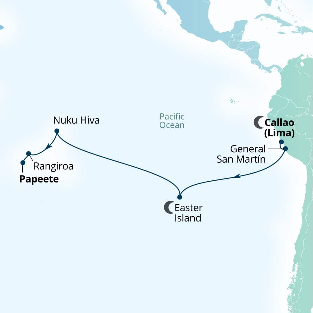 Seabourn Quest 17-day Callao (Lima), Peru to Papeete, French Polynesia itinerary map, January 20-February 6 2029