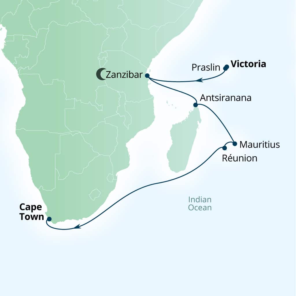 Seabourn Quest 19-day Victoria, Mahe, Seychelles to Cape Town, South Africa itinerary map, April 13-May 2 2029