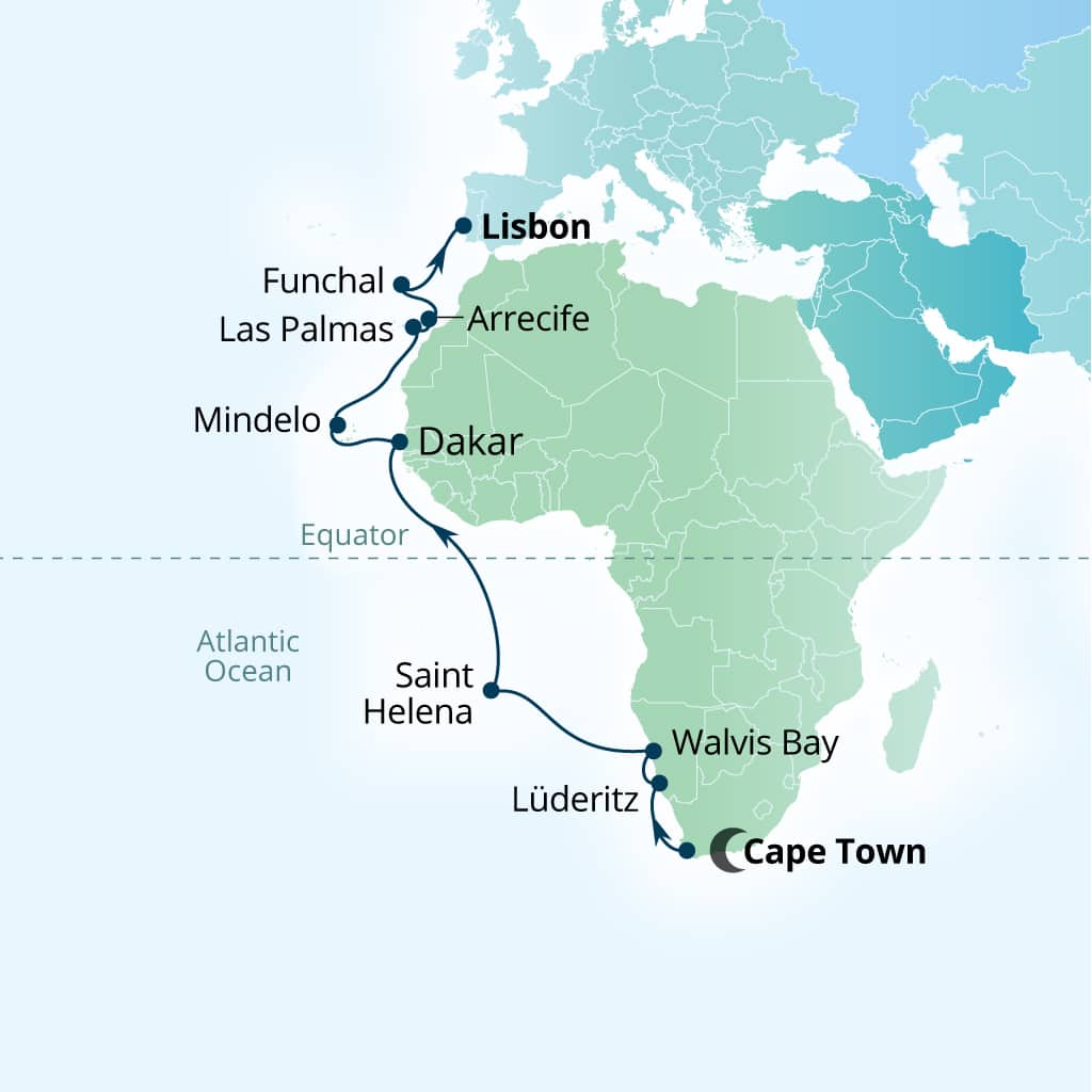 Seabourn Quest 24-day Cape Town, South Africa to Lisbon, Portugal itinerary map, May 2-26 2029