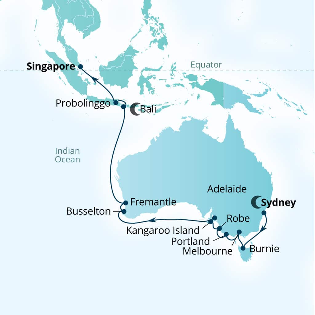Seabourn Quest 24-day Sydney, Australia to Singapore itinerary map, March 7-31 2029