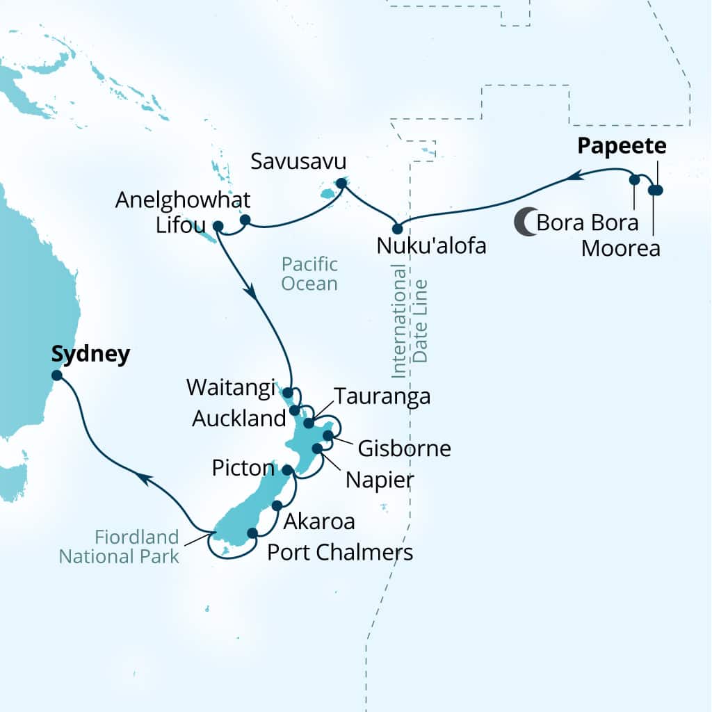 Seabourn Quest 28-day Papeete, French Polynesia to Sydney, Australia itinerary map, February 6-March 7 2029