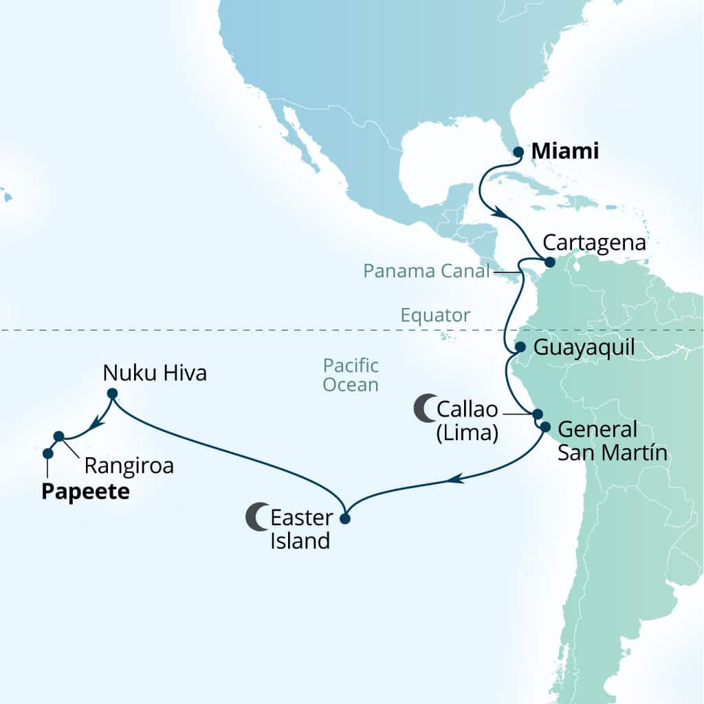 Seabourn Quest 30-day Miami, Florida, US to Papeete, French Polynesia itinerary map, January 7-February 6 2029
