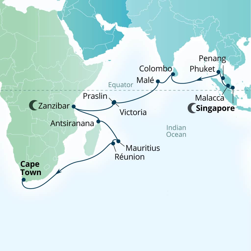 Seabourn Quest 32-day Singapore to Cape Town, South Africa itinerary map, March 31-May 2 2029