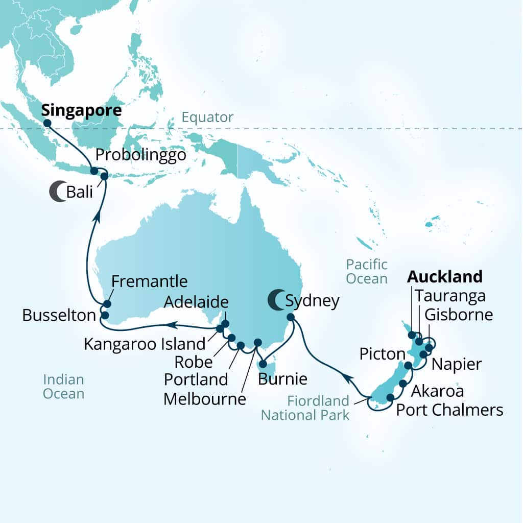 Seabourn Quest 36-day Auckland, New Zealand to Singapore itinerary map, February 23-March 31 2029