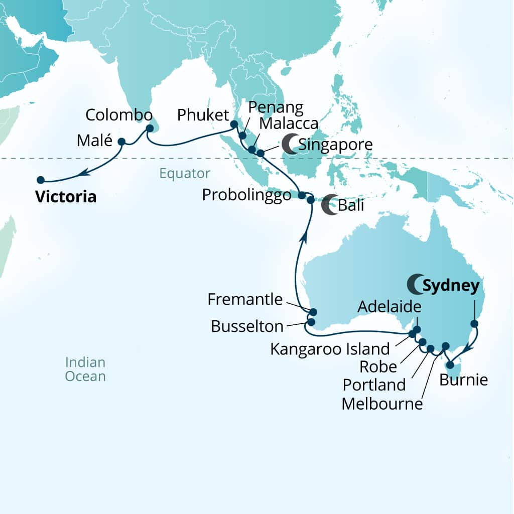 Seabourn Quest 37-day Sydney, Australia to Victoria, Mahe, Seychelles itinerary map, March 7-April 13 2029