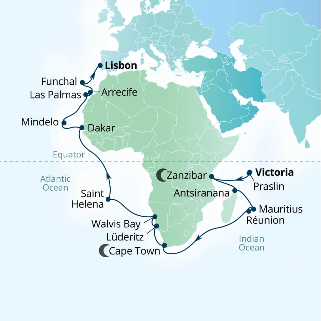 Seabourn Quest 43-day Victoria, Mahe, Seychelles to Lisbon, Portugal itinerary map, April 13-May 26 2029