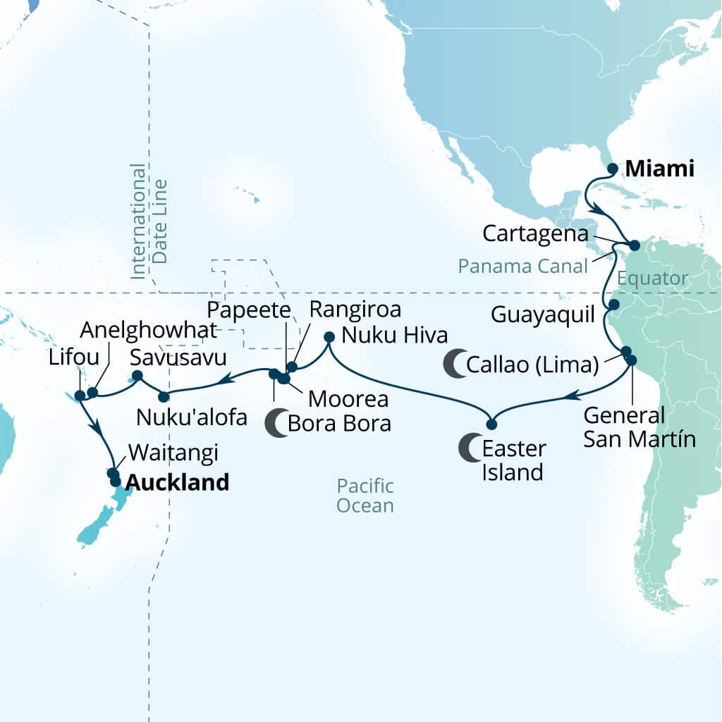 Seabourn Quest 46-day Miami, Florida, US to Auckland, New Zealand itinerary map, January 7-February 23 2029