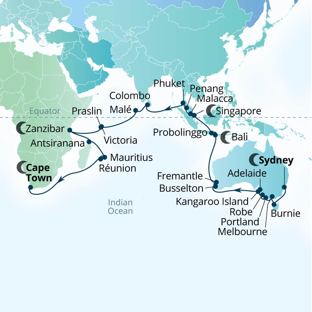 Seabourn Quest 56-day Sydney, Australia to Cape Town, South Africa itinerary map, March 7-May 2 2029