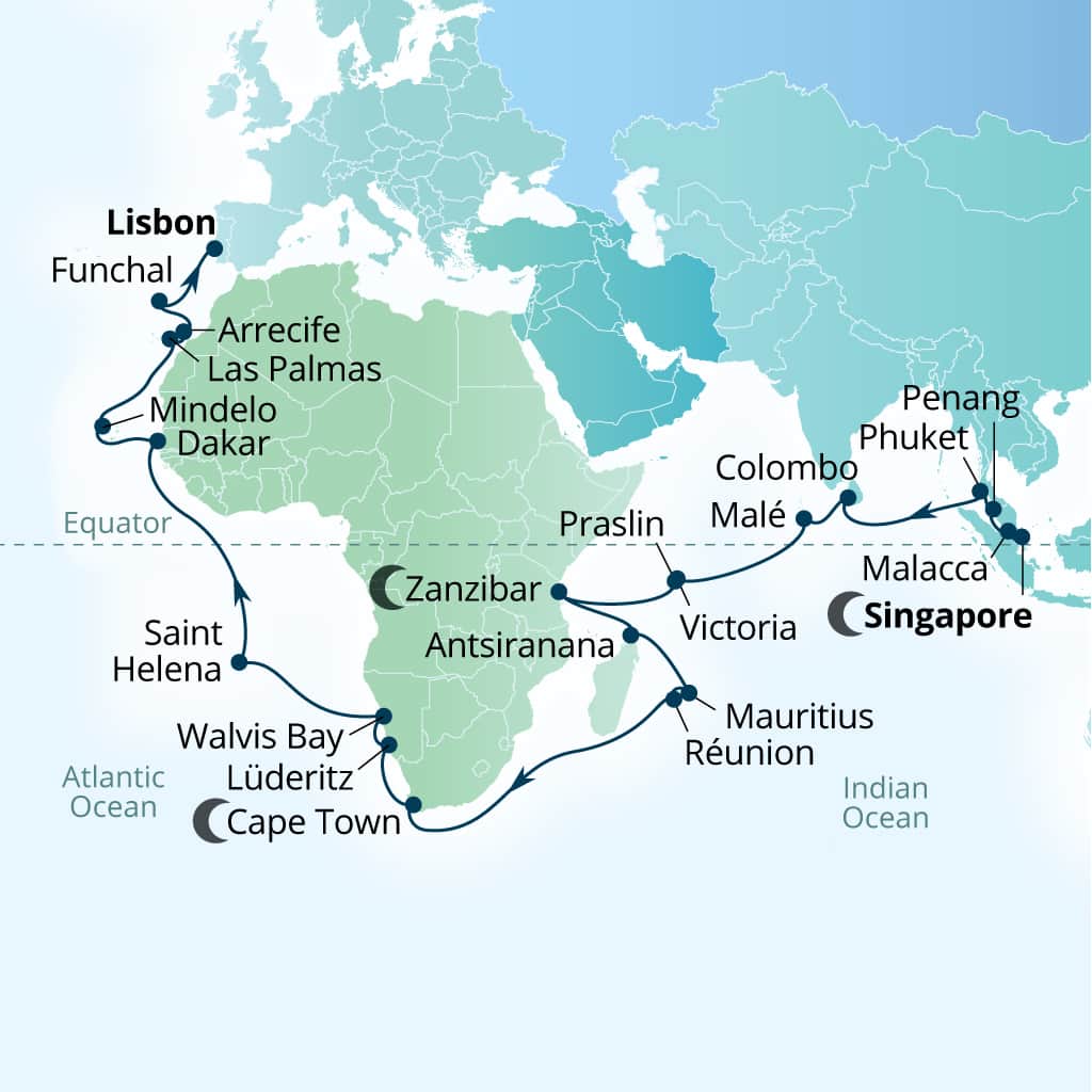 Seabourn Quest 56-day Singapore to Lisbon, Portugal itinerary map, March 31-May 26 2029