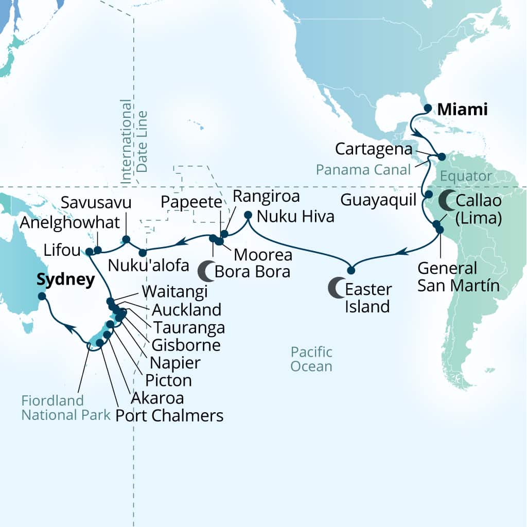 Seabourn Quest 58-day Miami, Florida, US to Sydney, Australia itinerary map, January 7-March 7 2029