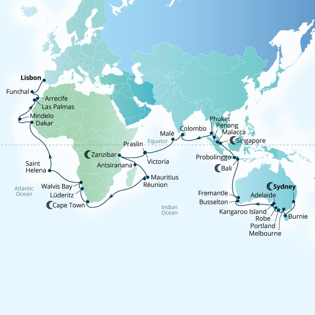 Seabourn Quest 80-day Sydney, Australia to Lisbon, Portugal itinerary map, March 7-May 26 2029